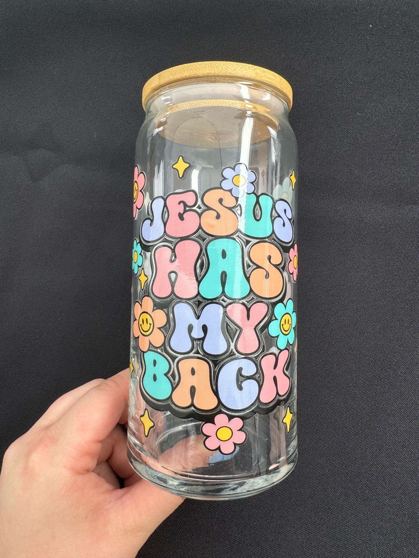 Jesus Has My Back Glass Can Cup