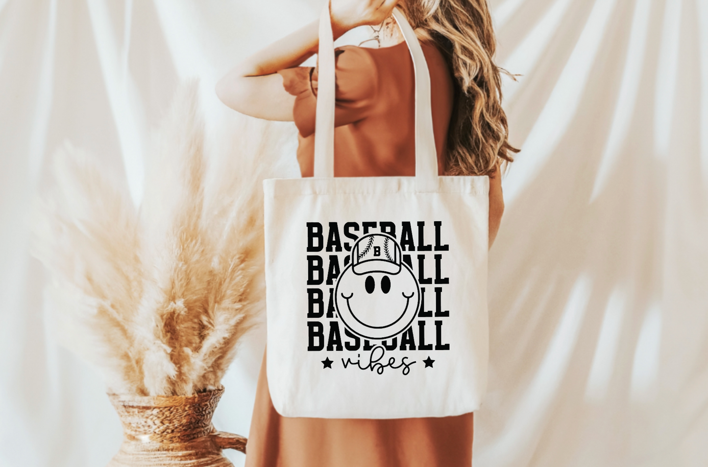 Smiley Baseball Vibes Tote Bag